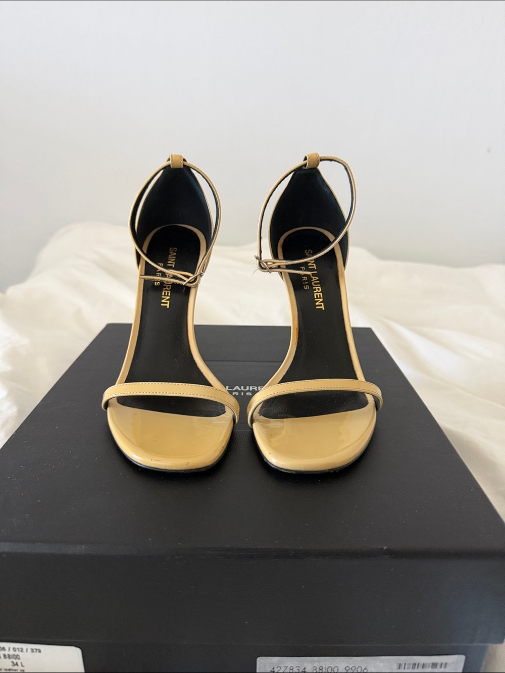 Saint Laurent Patent Ankle-Strap Heels in Light Yellow